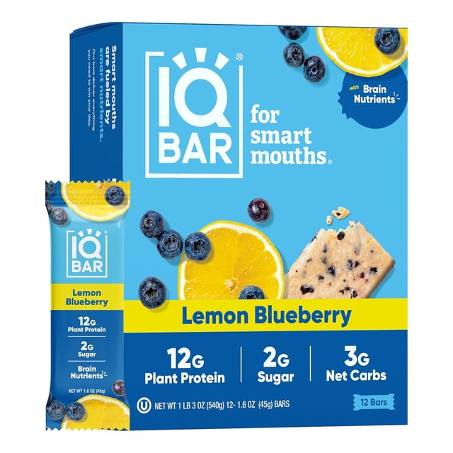 Brain and Body Plant Protein Bars - Wild Blueberry - 12-Count Low Carb - Gluten Free, High Fiber, Vegan Snacks - Low Sugar Meal Replacement