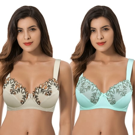 

Curve Muse Womens Plus Size Minimizer Underwire Unlined Bra with Embroidery Lace-2Pack-NUDE BLUE LIGHT-34C