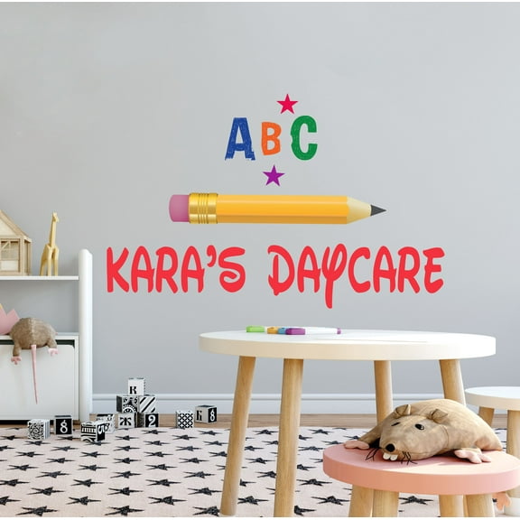 KIDS DAYCARE - Kindergarten Vinyl Art Pencil A B C Alphabet Letters Decoration Sticker Multicolored Stars Design Personalized Name Child Care Wall Decal 10" x 6"