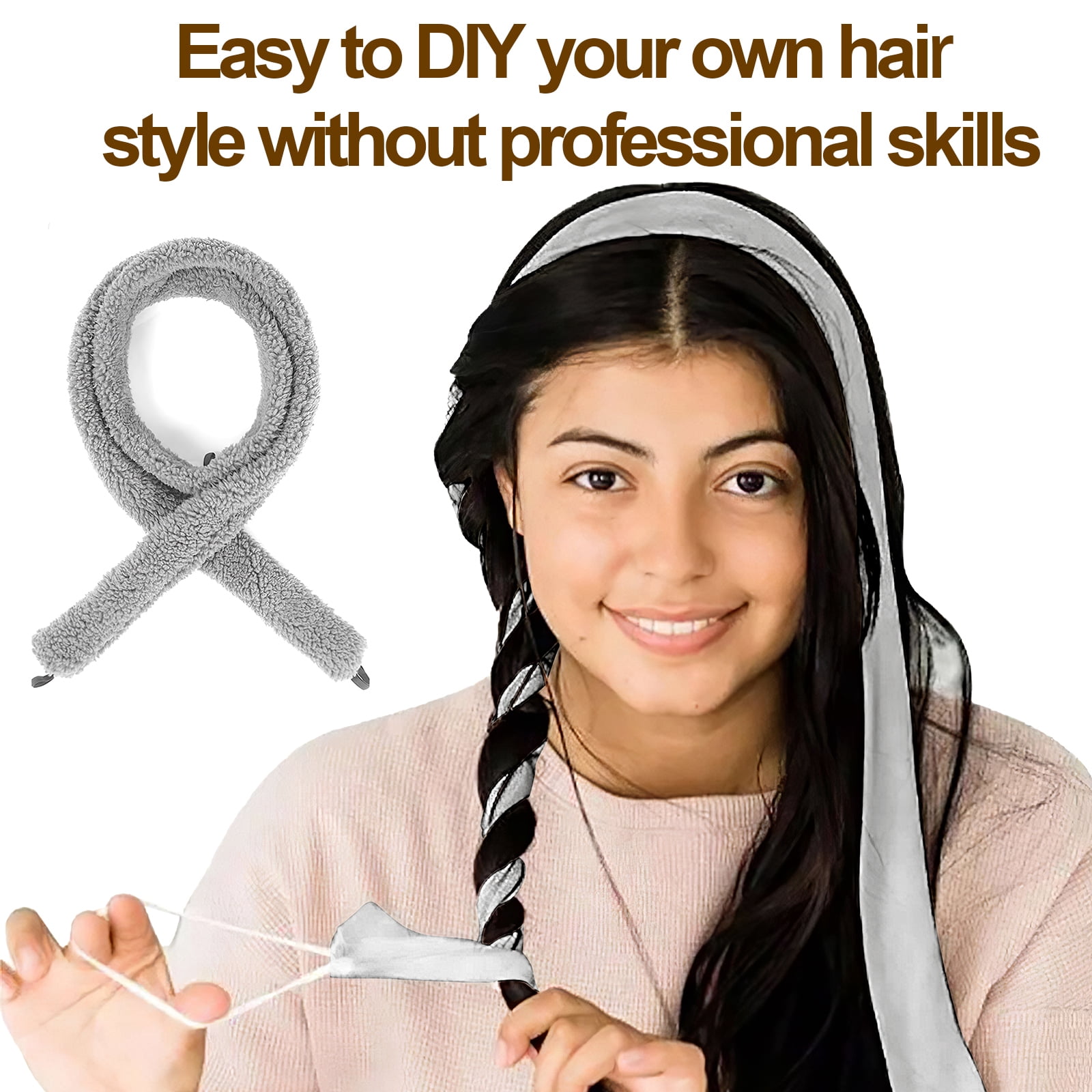 Satin Heatless Hair Curler, Lazy Natural Soft Wave DIY Heatless Curls for Sleep in Overnight, for All Hair Types, Grey