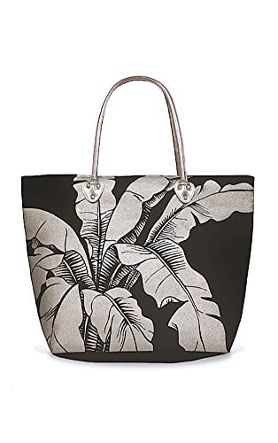 Beach Tote Bag With Glittering Silver Foil Icon Hawaiian Banana Leaf -  