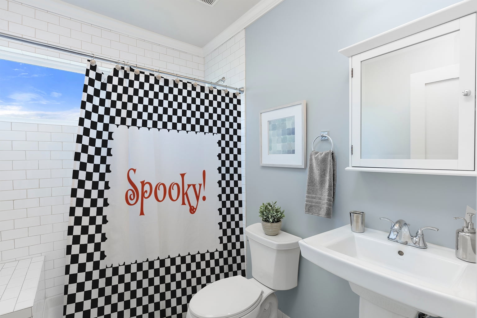 Simply Daisy 70" W x 73" L Halloween Spooky Checks Polyester Shower Curtain, Black [1 Ct]