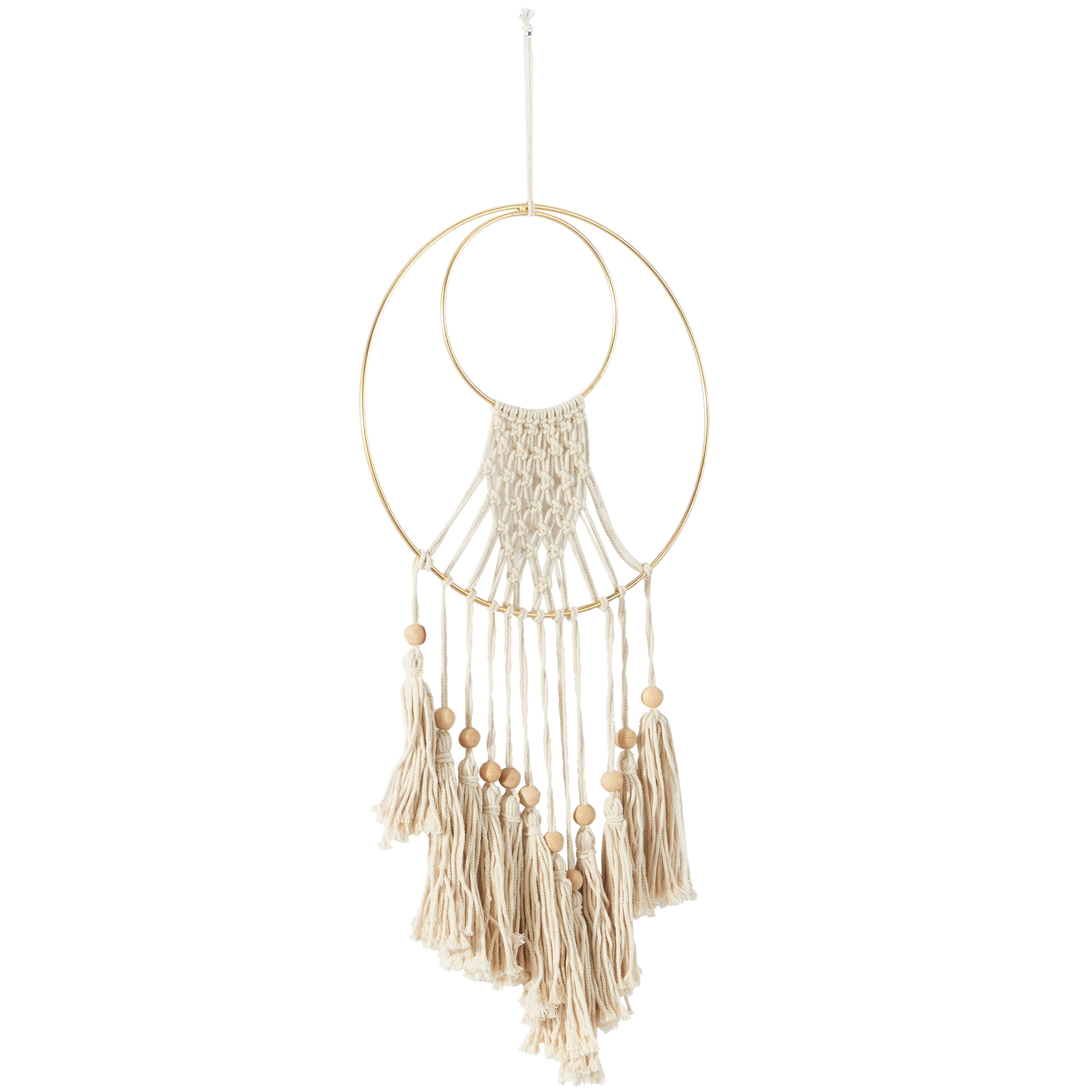 DecMode Cream Cotton Handmade Macrame Wall Decor with Wood Beads and Gold Circular Frame