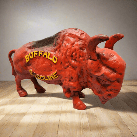 Buffalo Gasoline Cast Iron Coin Bank With Raised Lettering And Painted Antique (7.5" x 5" x 2")