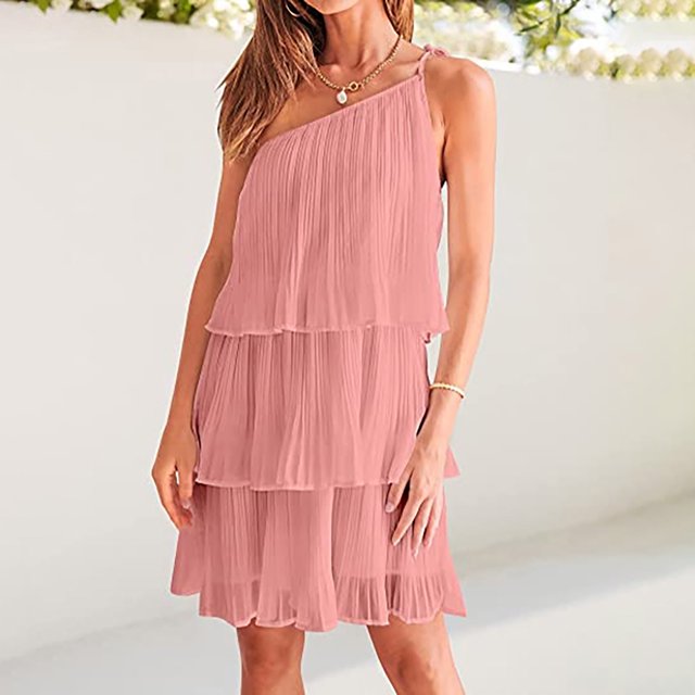 LOVZFMLL Dresses Women's Strap Lace Up Shoulder Leakage Multi Layered Dress