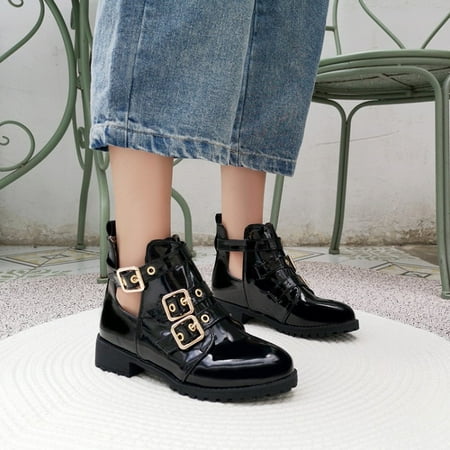 

QISIWOLE Women s Fashion Trend Wild Belt Buckle Patent Leather Flat Heel Boots clearance under 5