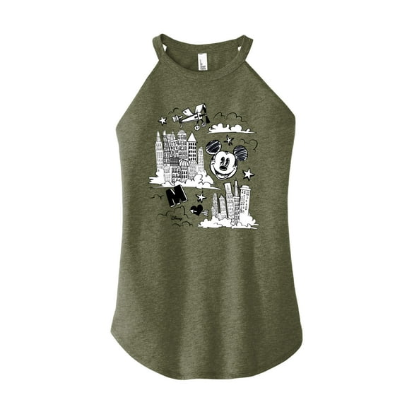 Disney - Mickey Mouse - Skyscraper, Airplanes, & Clouds Sketch - Juniors High Neck Tank Top