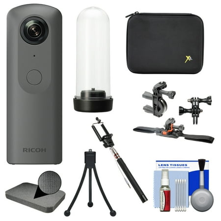 Semi Hard Camera Case - Ricoh Theta V 360-Degree Spherical 4K HD Digital Camera with TH-2 Weatherproof Case + Hard Case + Action Mounts + Selfie Stick + Tripod Kit