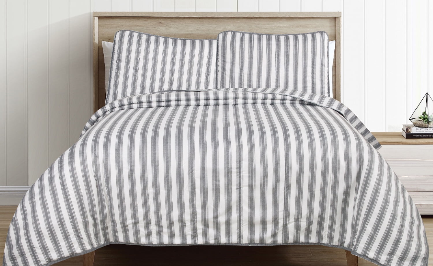 Ticking Stripe Bedspread Gray 3Pc Set Full 