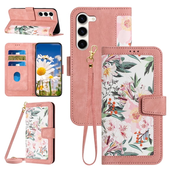 Compatible with Samsung Galaxy S23 Plus Wallet Case for Women, Shoulder Strap Wristband Premium PU Leather Floral Flip Cover with Card Holder Kickstand Feature Protective Purse Case, Pink
