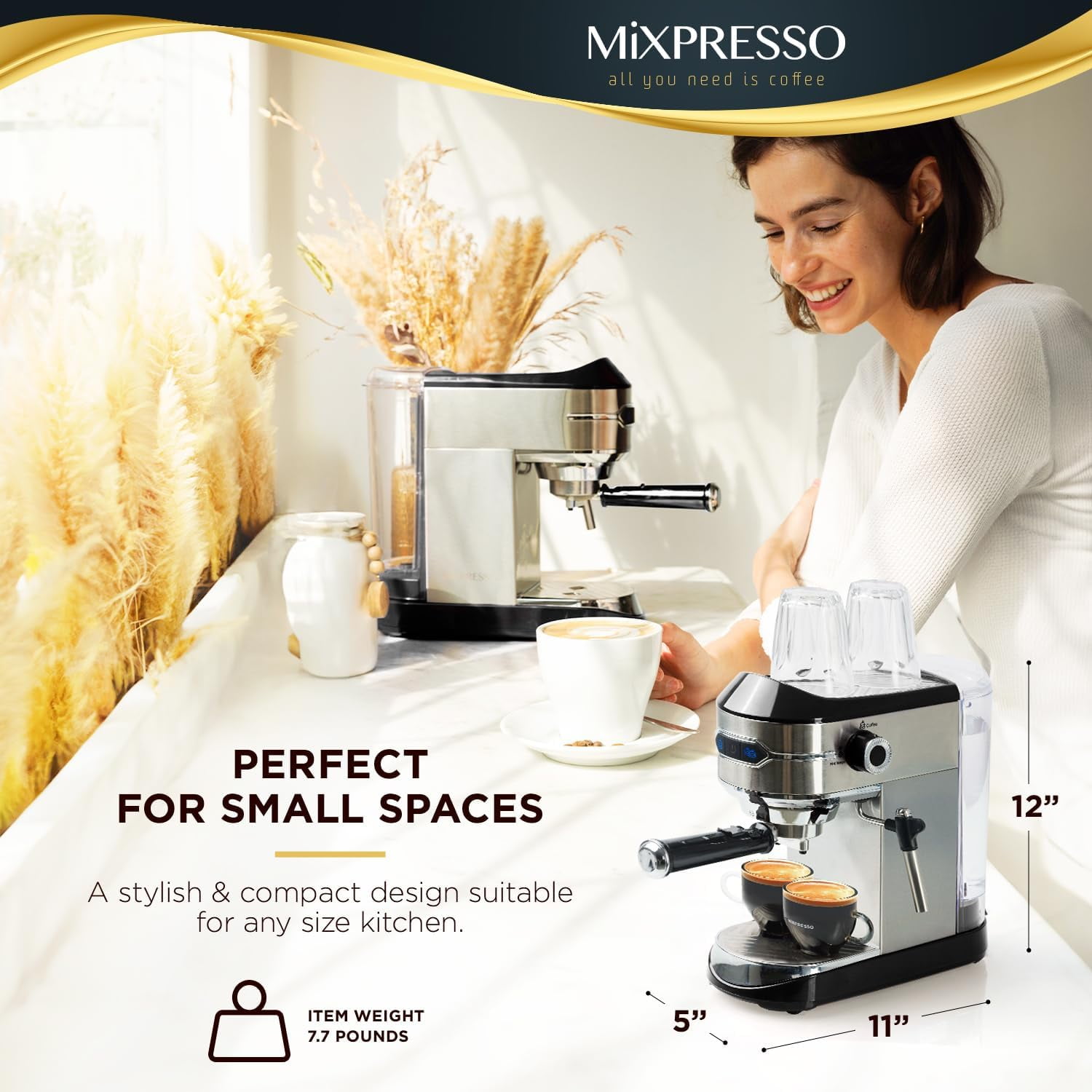 Mixpresso Automatic Espresso Machine with Milk Frother 15-Bar, 37-Oz Coffee  Maker, Gold 