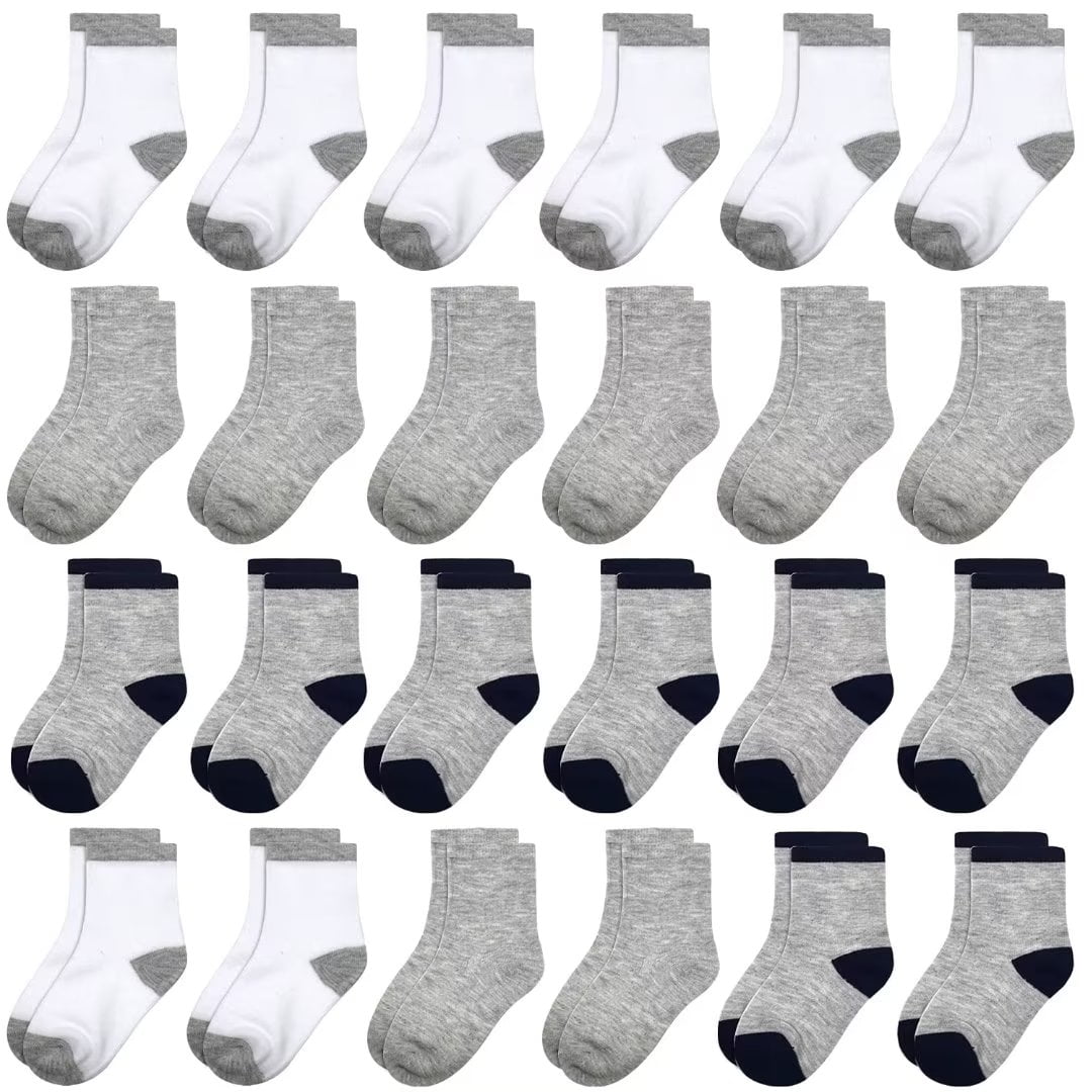 Boys Toddler Crew Socks- 24 Pairs Soft Athletic Casual School Socks for Kids Boys Girls 1-14 Years Old