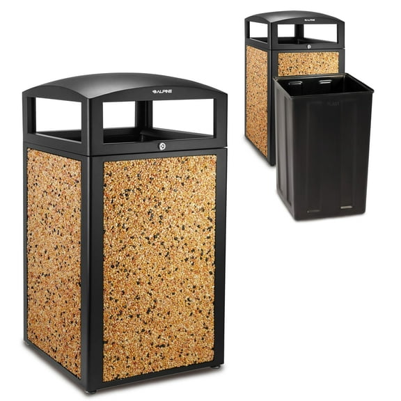 Alpine Indoor & Outdoor Commercial Trash Can with Lid - 40 Gallon Heavy Duty Metal Garbage Can with Removable Bin, Locking Lid, Perfect for Patio, Deck, Office, Mall Black, Brown Stone Panels