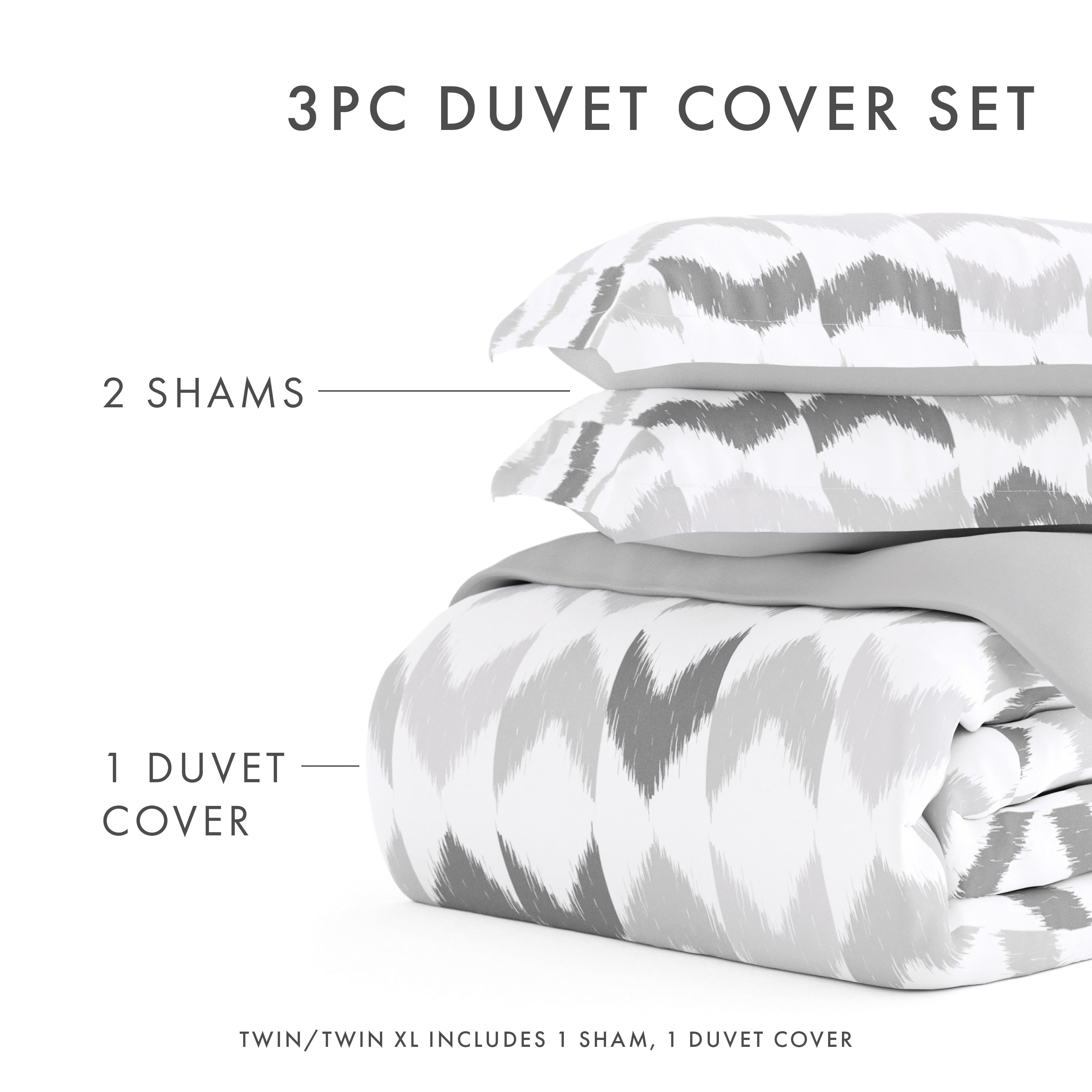 Noble Linens Gray Reversible Chevron Sleep Print 3-Piece Duvet Cover Set, Full/Queen