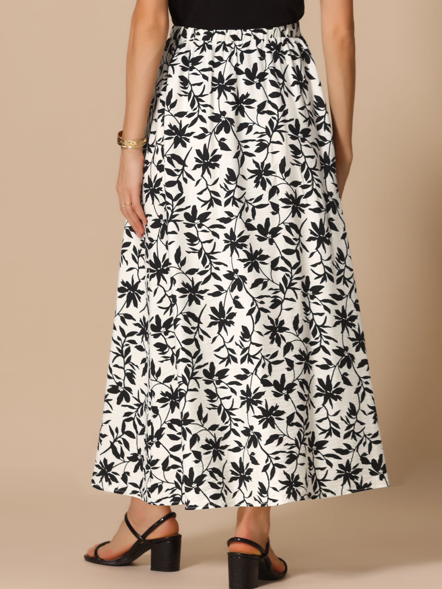 DARING DIVA Women's Floral Summer Elastic High Waisted A-Line Maxi Skirts L Black