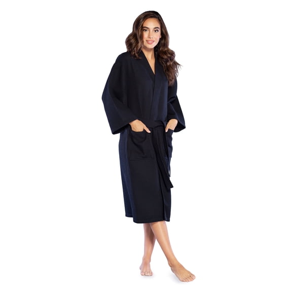 Turquaz Linen Lightweight Long Waffle Kimono Spa Robe for Women (SM, Black)