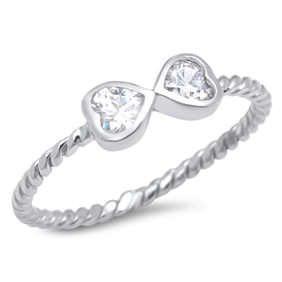 Heart Shaped Clear Cubic Zirconia Bow Tie Rope Ring Sterling Silver 925