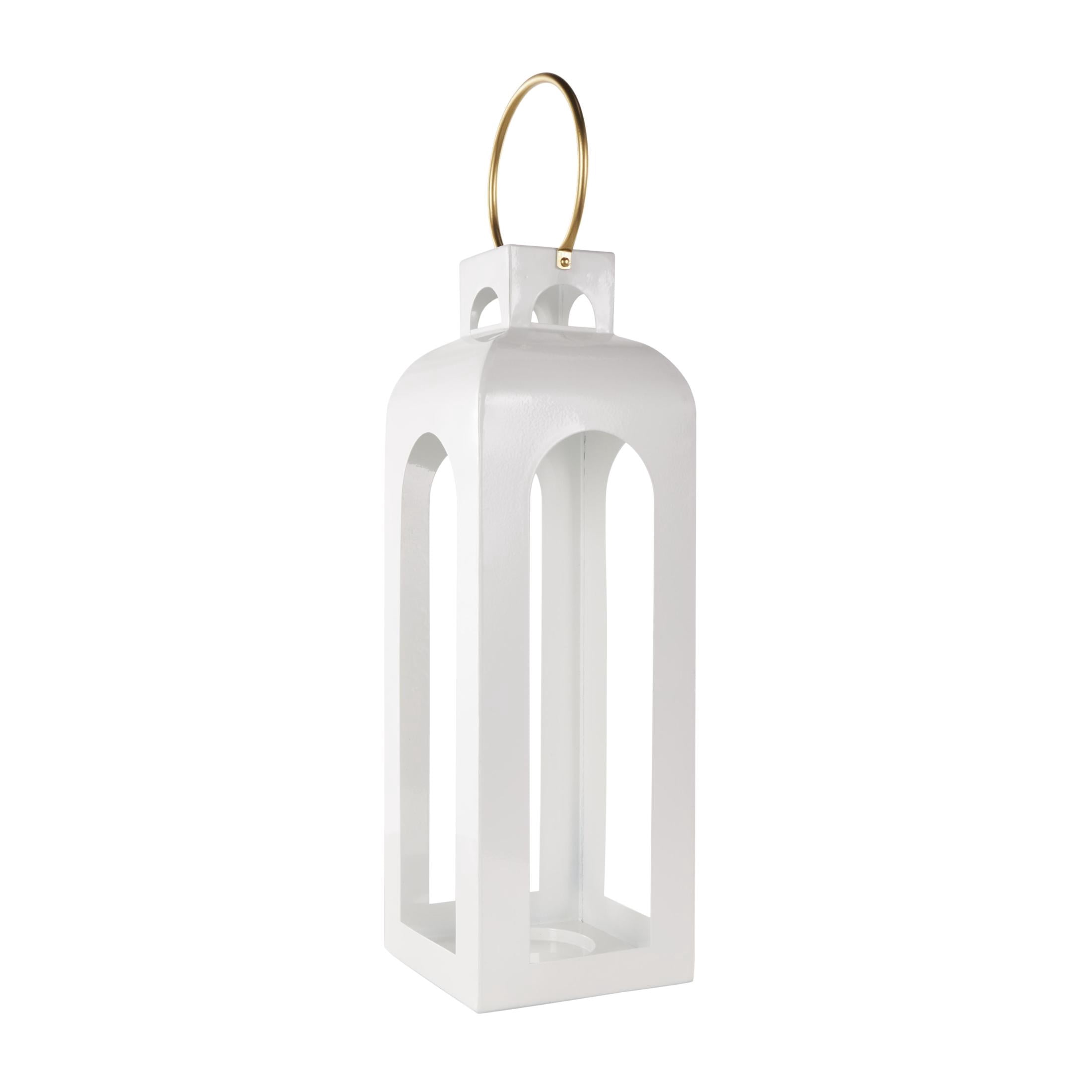 DecMode White Metal Tall Arched Cutout Candle Lantern with Gold Handle