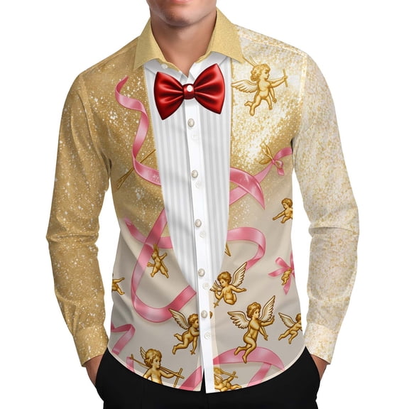 Gamivast Valentines Day Heart Long Sleeve Shirt for Men Funny Graphic Button Down Trendy Hawaiian Shirts Party Lapel Collar Holiday Blouses Valentines Outfits