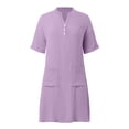 thumbnail image 6 of Horkkom Linen Dress Women V Neck Solid Color Short Sleeve Sundresses Beach Vacation T Shirt Dress with Pocket, S-2XL, 6 of 6