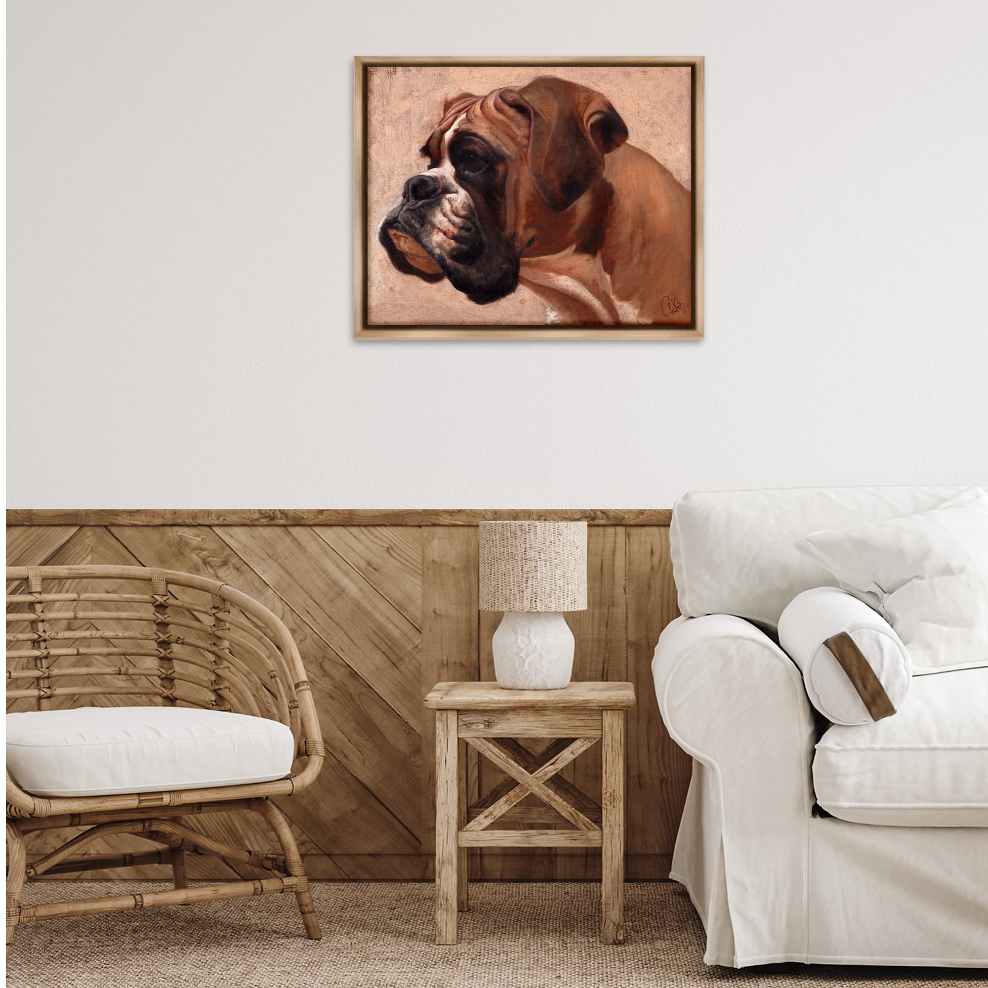 Stupell Industries Boxer Dog Neutral Portrait Animals & Insects Painting Brown Floater Framed Canvas Art Print Wall Art, 31 x 25