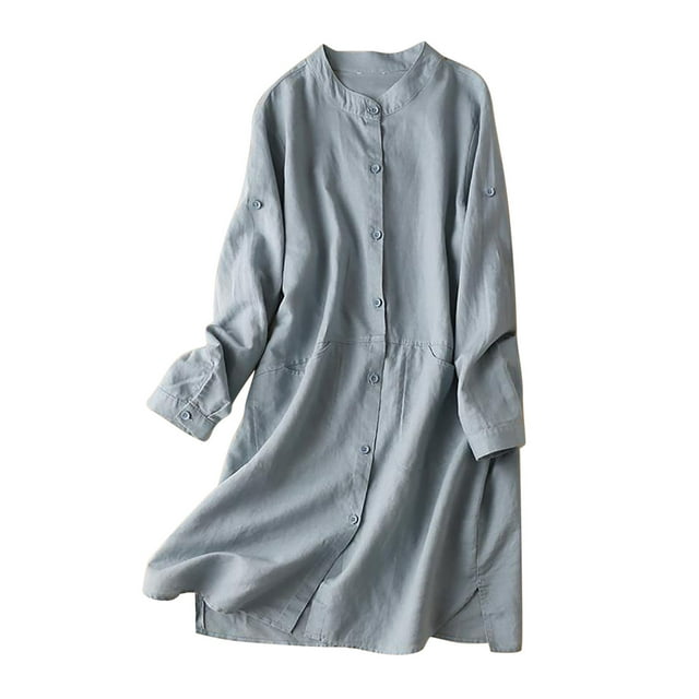 QIPOPIQ Robes pour Femmes pour Invité de Mariage Fête Chemise à Manches Longues Printemps Vintage Robe d'Été Unie Chemise en Coton Lin Col Montant Offres 2023