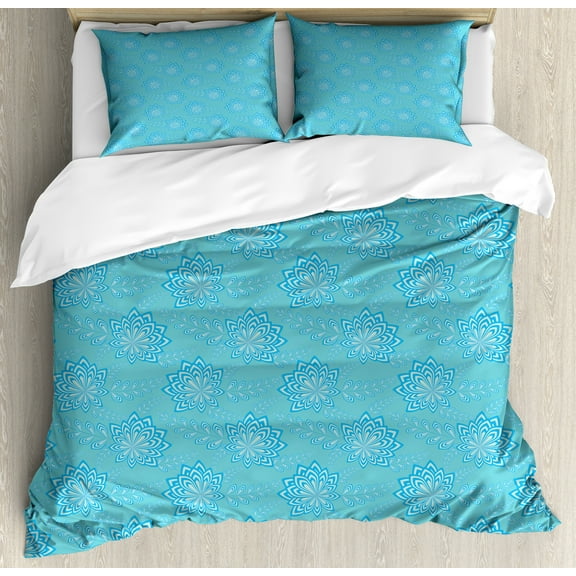 Floral Duvet Cover Set, Pointy Petals Flowers Leaves in Vivid Aquatic Tones, Decorative 3 Piece Bedding Set with 2 Pillow Shams, Calking Size, Sky Blue Seafoam, by Ambesonne