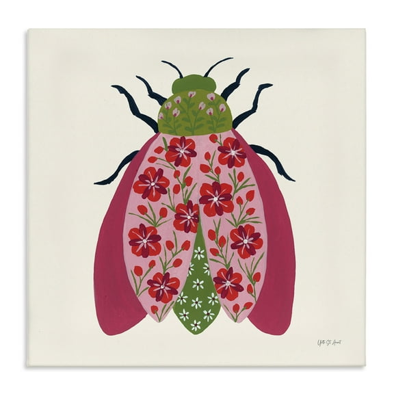 Stupell Industries Pink & Green Blooming Beetle Insects Painting Wrapped Canvas Art Print Wall Art, 17 x 17