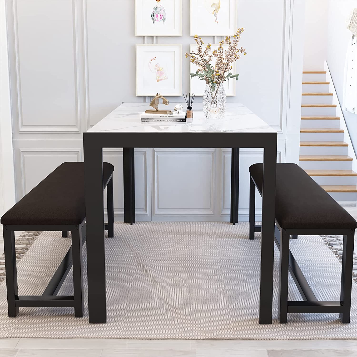 Baxluxe Dining table set with 2 benches, 4-6 person dining table set, 4 person dining table set, faux marble breakfast table set, and PU leather padded bench, suitable for small spaces, apartments