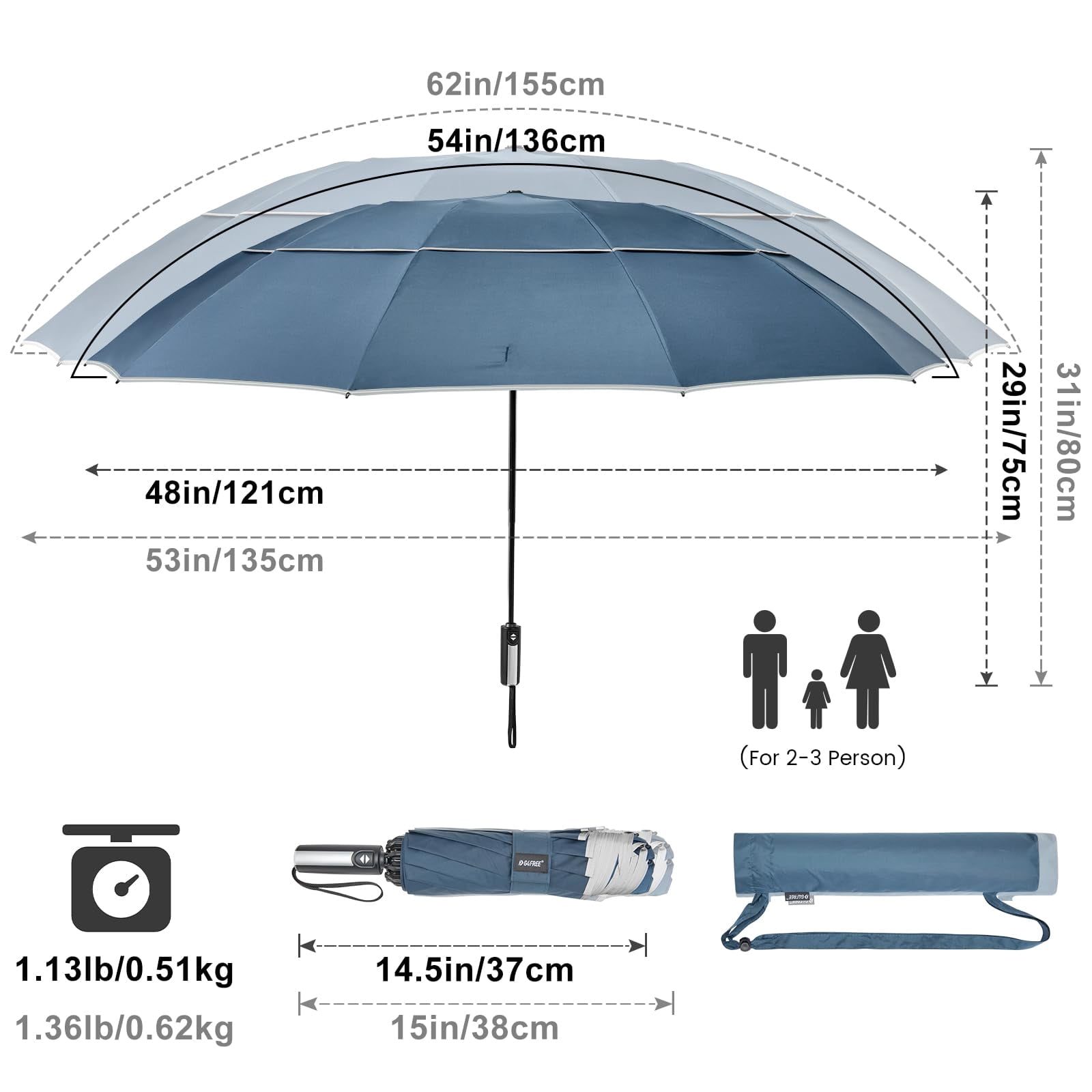 G4Free 54/62 inch Windproof Inverted Umbrella, Reflective Stripe Double Canopy, Automatic Open/Close, Compact for Travel, 10 Ribs Rain Protection