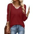 thumbnail image 1 of Chandails pour Femmes Décontractés à Col en V à Manches Longues Chandails Amples Unis Hauts d'Automne Chandail à Enfiler Rouge TTG, 1 of 7