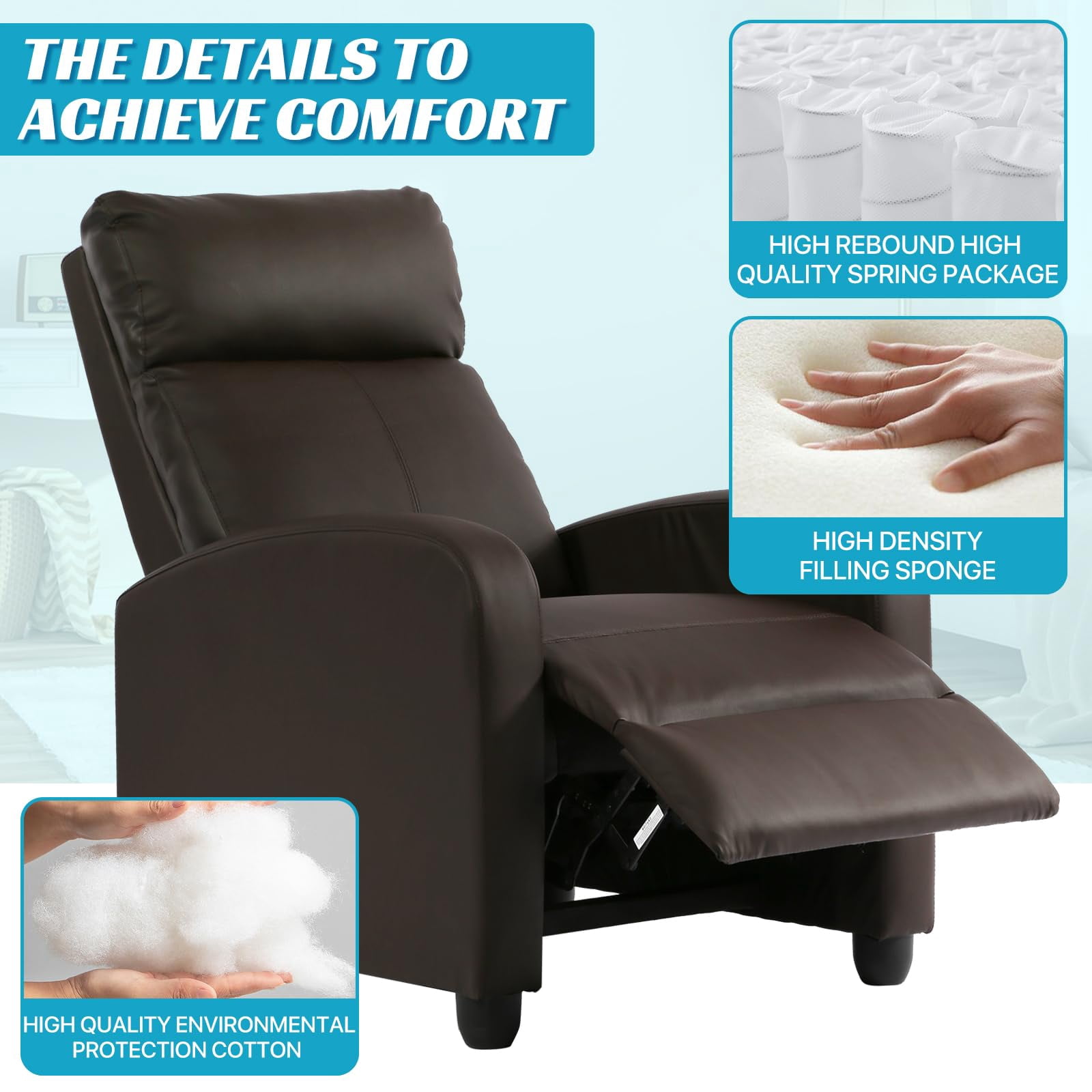 NiamVelo Recliner Chair for Adults, PU Leather Recliner Sofa with Lumbar Support, Adjustable Modern Reclining Chair with Padded Seat Backrest for Home, Living Room, Theater （Brown）