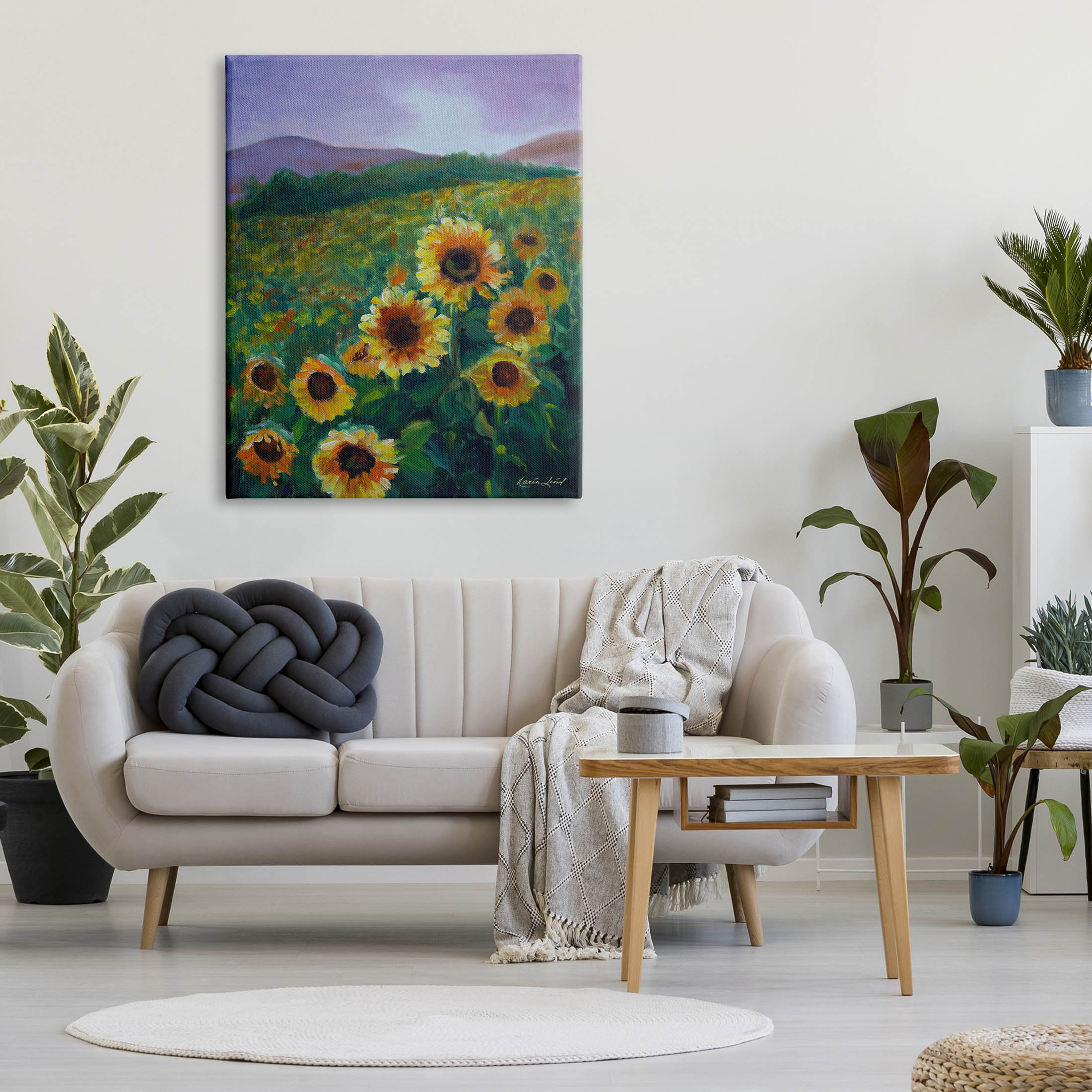 Sunflower Field Distant Mountains Landscape Painting Gallery Wrapped Canvas Print Wall Art