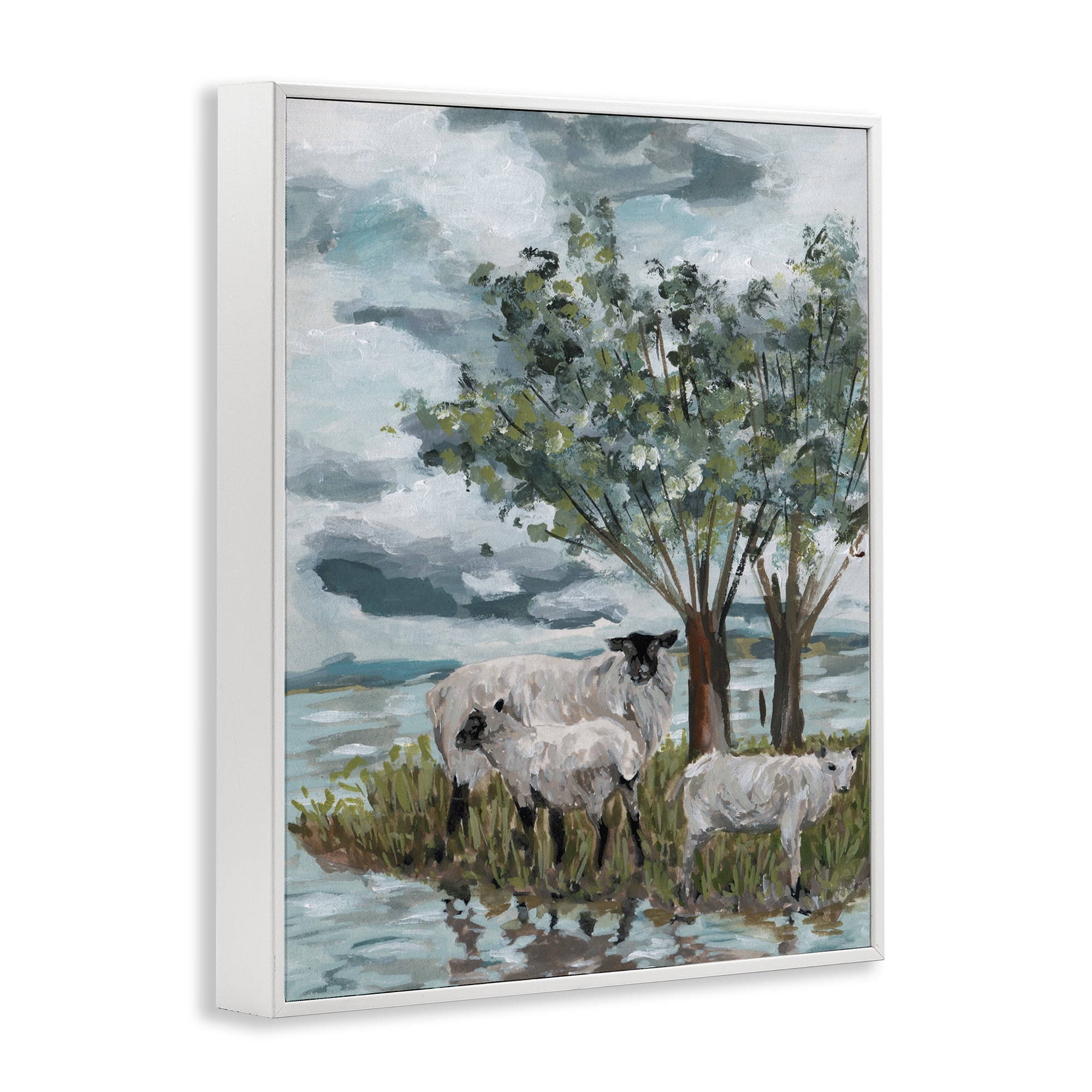 Stupell Industries Traditional Sheep Scene Landscape Painting White Framed Art Print Wall Art, 11 x 14