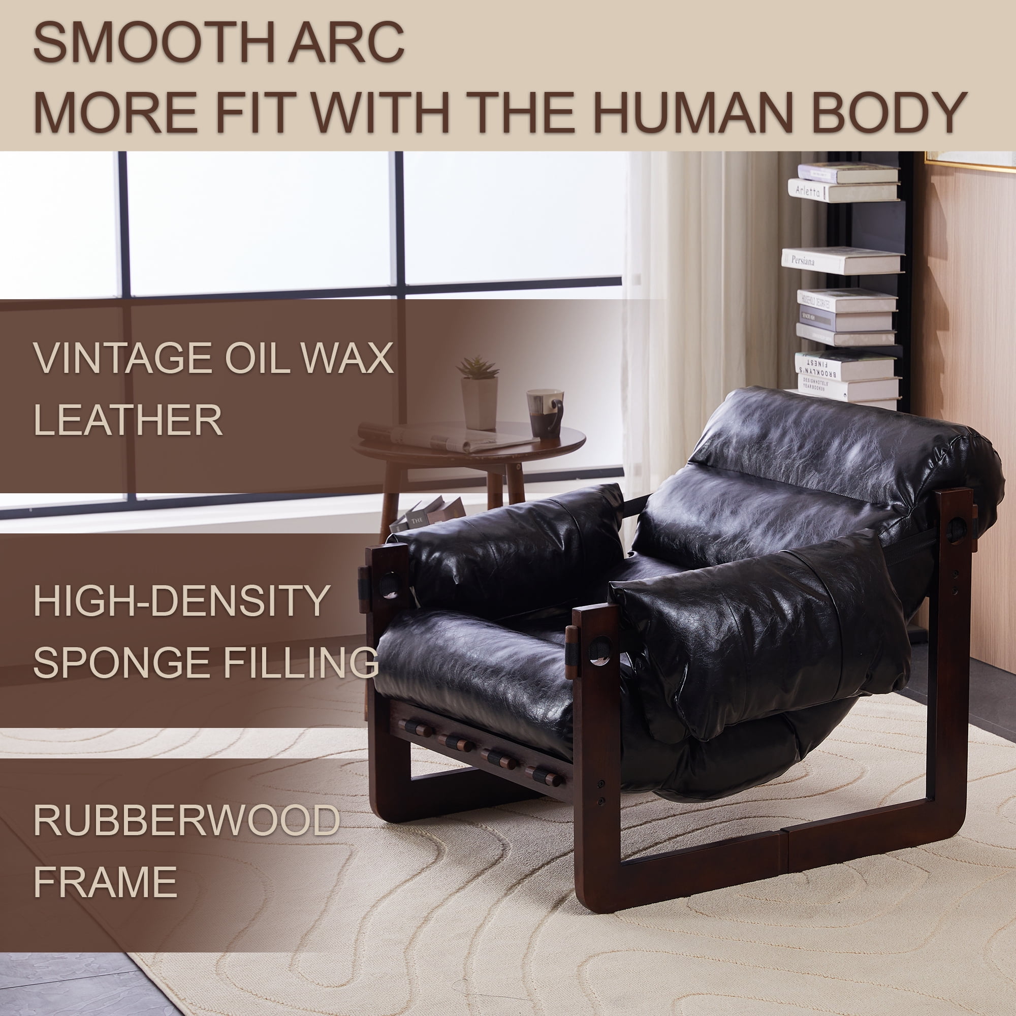 Aukfa Mid-Century Modern Chaise Lounge Indoor Chair for Living Room, Wood Frame, Leather, Black
