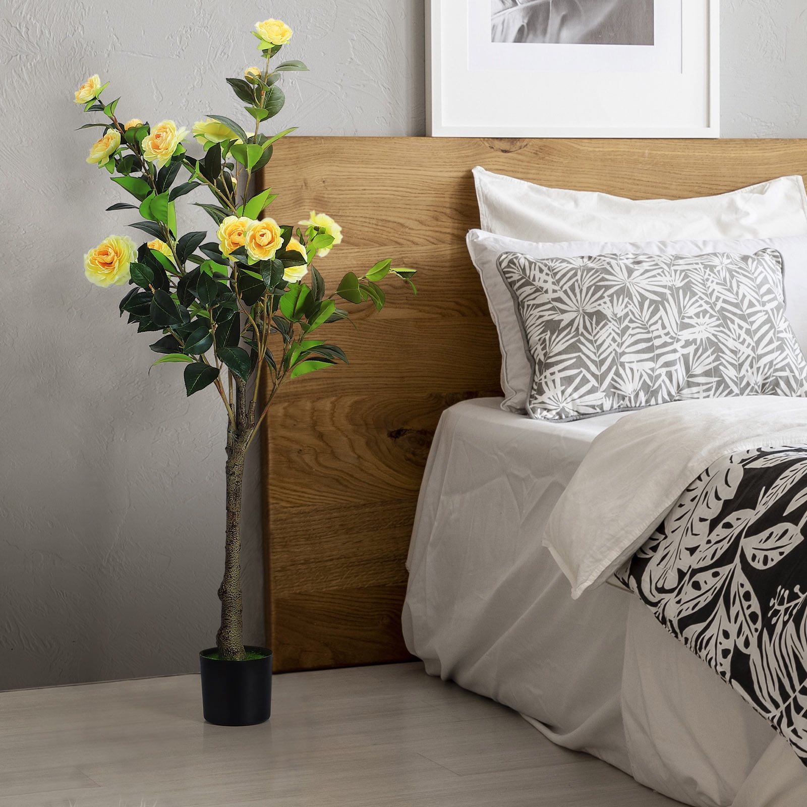 2-Pack 47 Inch Artificial Camellia Tree with Yellow  Flowers - 4 FT Faux Blooming Plant for Indoor Outdoor Home, Office & Front Door