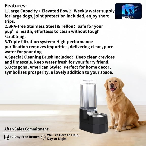 Elevated Dog Water Dispenser: 9L Gravity Auto Refill -Senior & Joint-Friendly Comfort Height - Leak-Proof - Stainless Steel Bowl -for Large Dogs -Multi-Pet Homes -Kitchen/Living Room/Garage