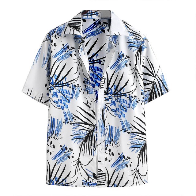 Camisas Oversize Hombre Camisa de manga corta con solapa y hebilla de bolsillo con impresión digital 3D para hombre (Blue, XXL)