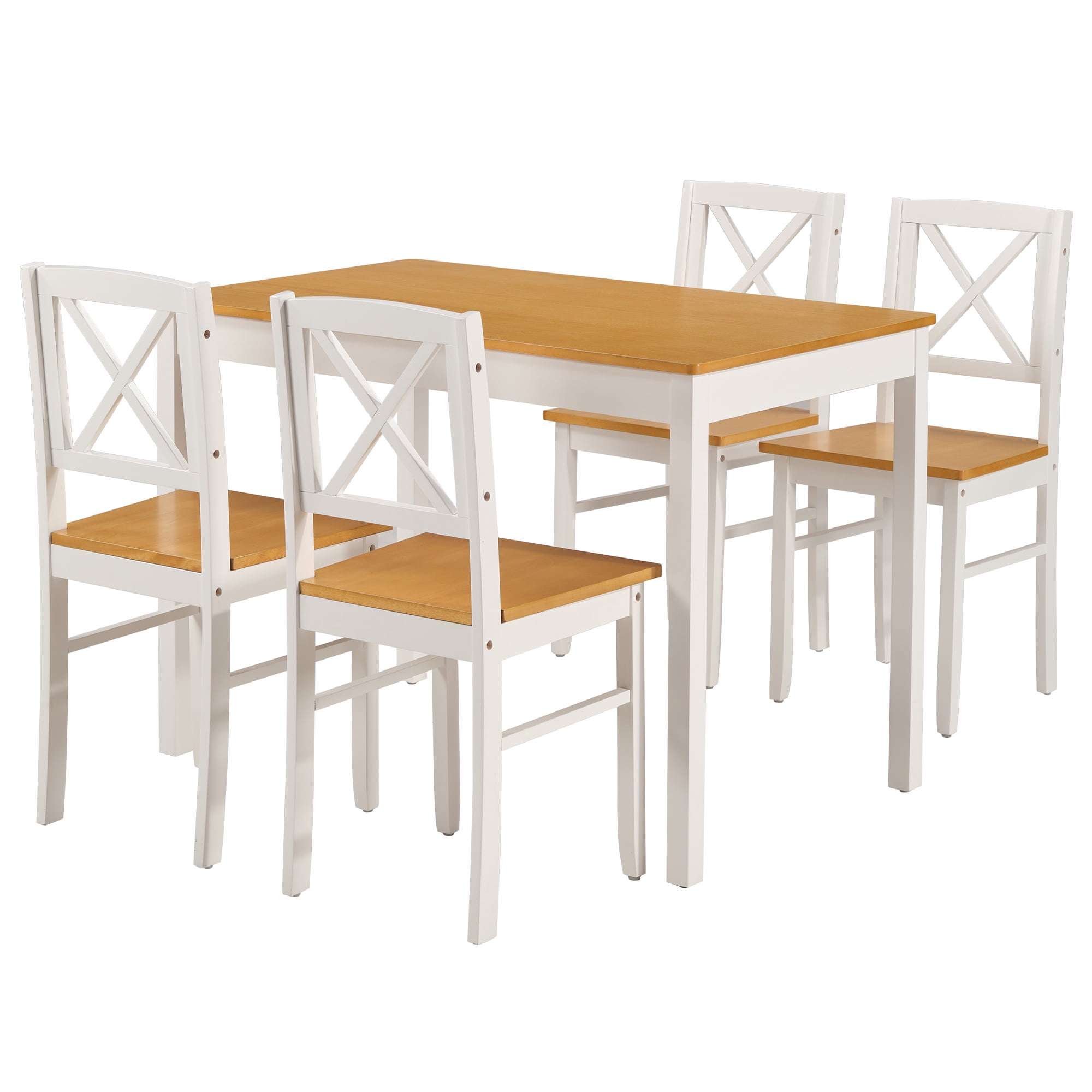 PORKISS 5-Piece Small Space Dining Set, 1 Table and 4 Chairs, Solid Wood, Natural+White, 42.5" L x 25.6" W x 28.7" H Table