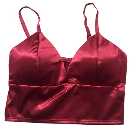 

Whigetiy Women French Style Satin Spaghetti Strap Camisole Sexy Deep V-Neck Triangle Cup Padded Crop Top Wirefree Solid Color Shirred Back Bralette Vest Underwear