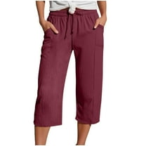nerohusy Crop Pants Women Casual Wide Leg Capri Pant Summer Cotton Stretch Waist Pants Loose Comfy Drawstring Beach Capris with Pockets Wine,M