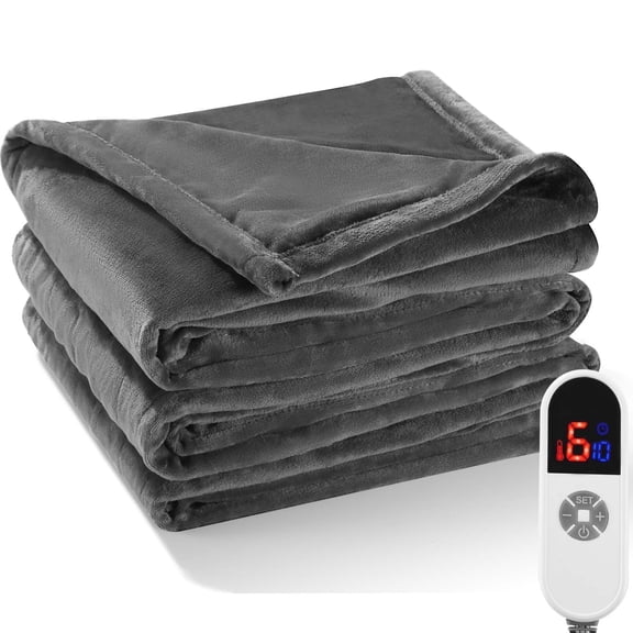 MaxKare Electric Heated Blanket Twin Size with 6 Heating Levels & 10H Timer, Flannel, Gray