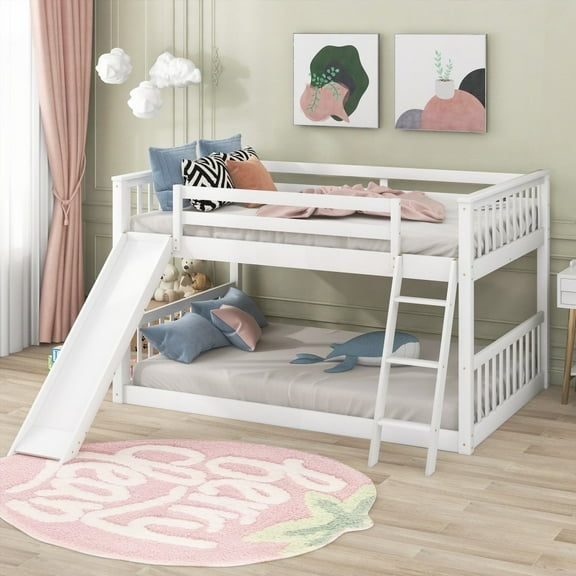 Full over Full Bunk Bed with Slide & Ladder - Sturdy Wood, White|GX000708AAK