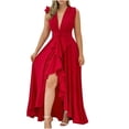 thumbnail image 1 of Vestido de mujer con cuello en V coreano de cintura alta con tirantes de color sólido temperamento con volantes con cordones y abertura grande vestido de columpio Fridja  hjkh5825, 1 of 8