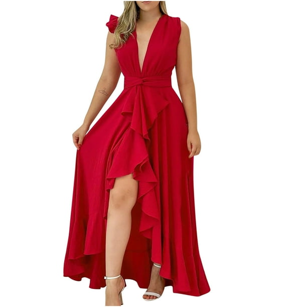 Vestido de mujer con cuello en V coreano de cintura alta con tirantes de color sólido temperamento con volantes con cordones y abertura grande vestido de columpio Fridja hjkh5827