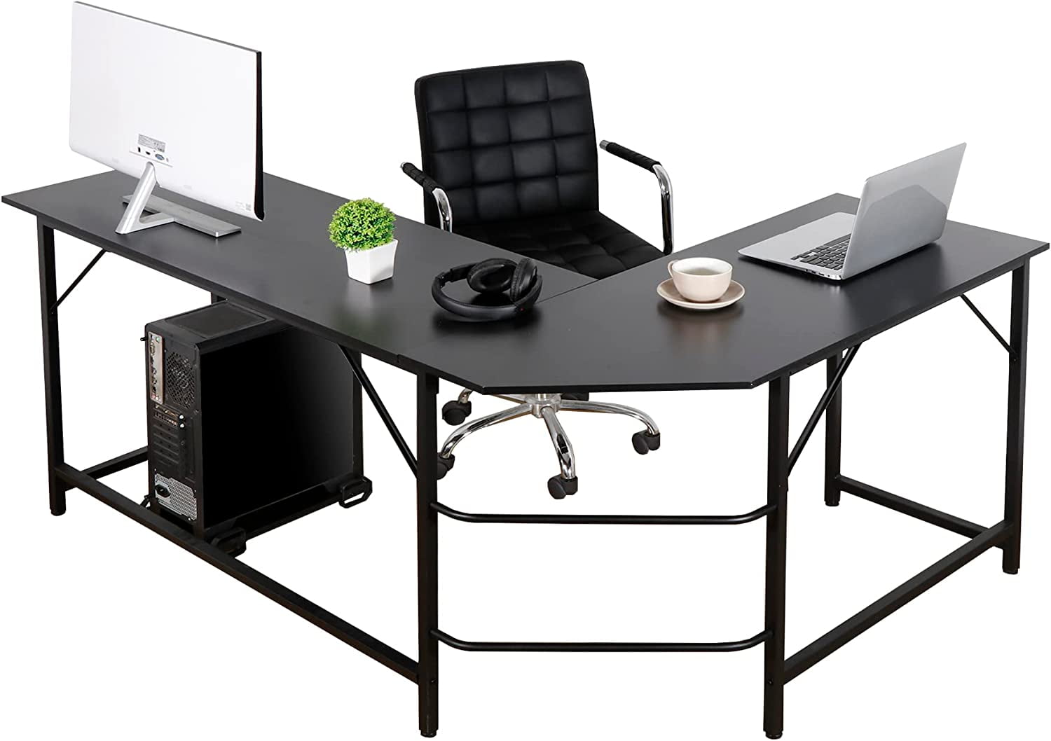 Springg 66" L Shaped Gaming Corner Computer Desk with CPU Stand and Foot Rest Bar, PC Laptop Study Table Workstation Gaming Desk for Home Office, Black