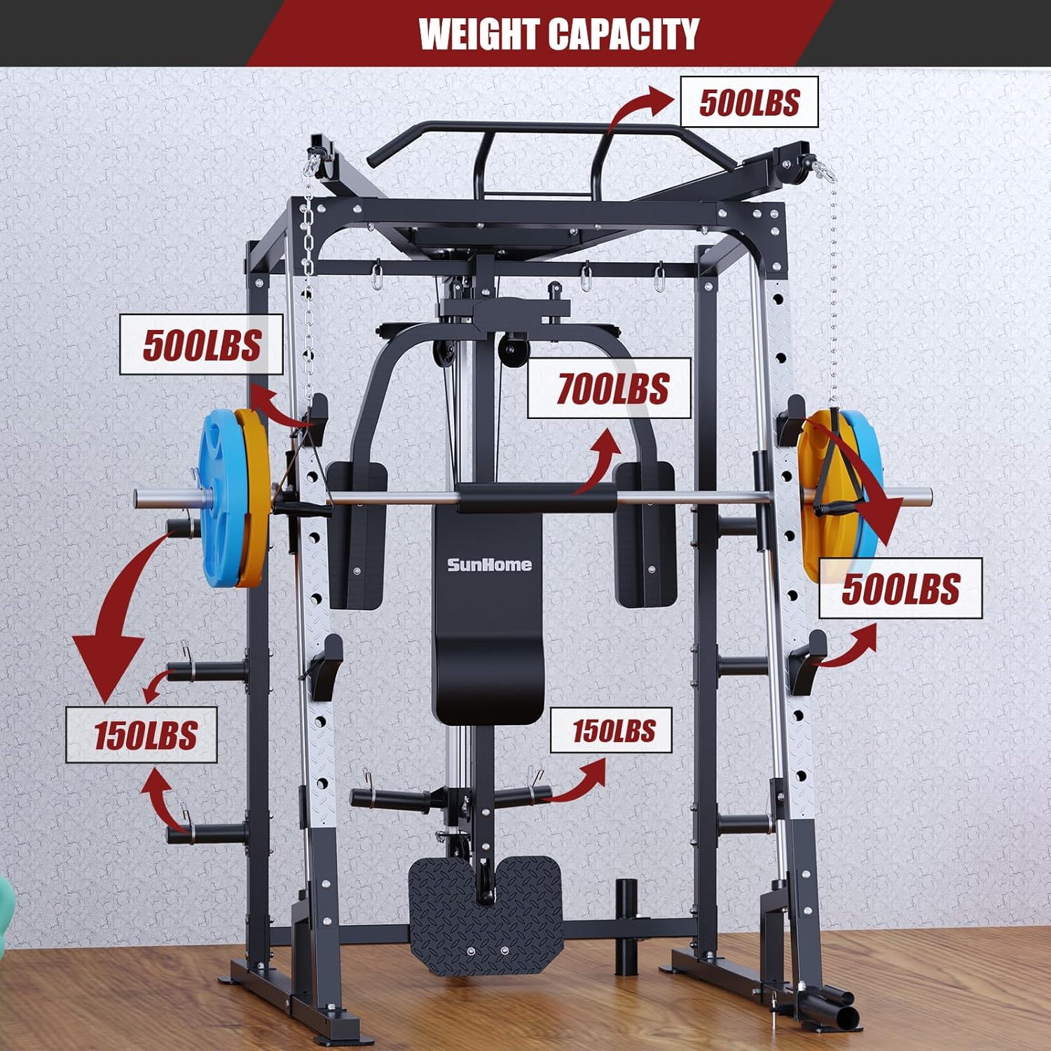 Sunhome Smith Machine 2000 LBS Power Cages Squat Rack More Cable Attachment Two LAT Pull-Down Systems, Cable Crossover Machine Home Gym