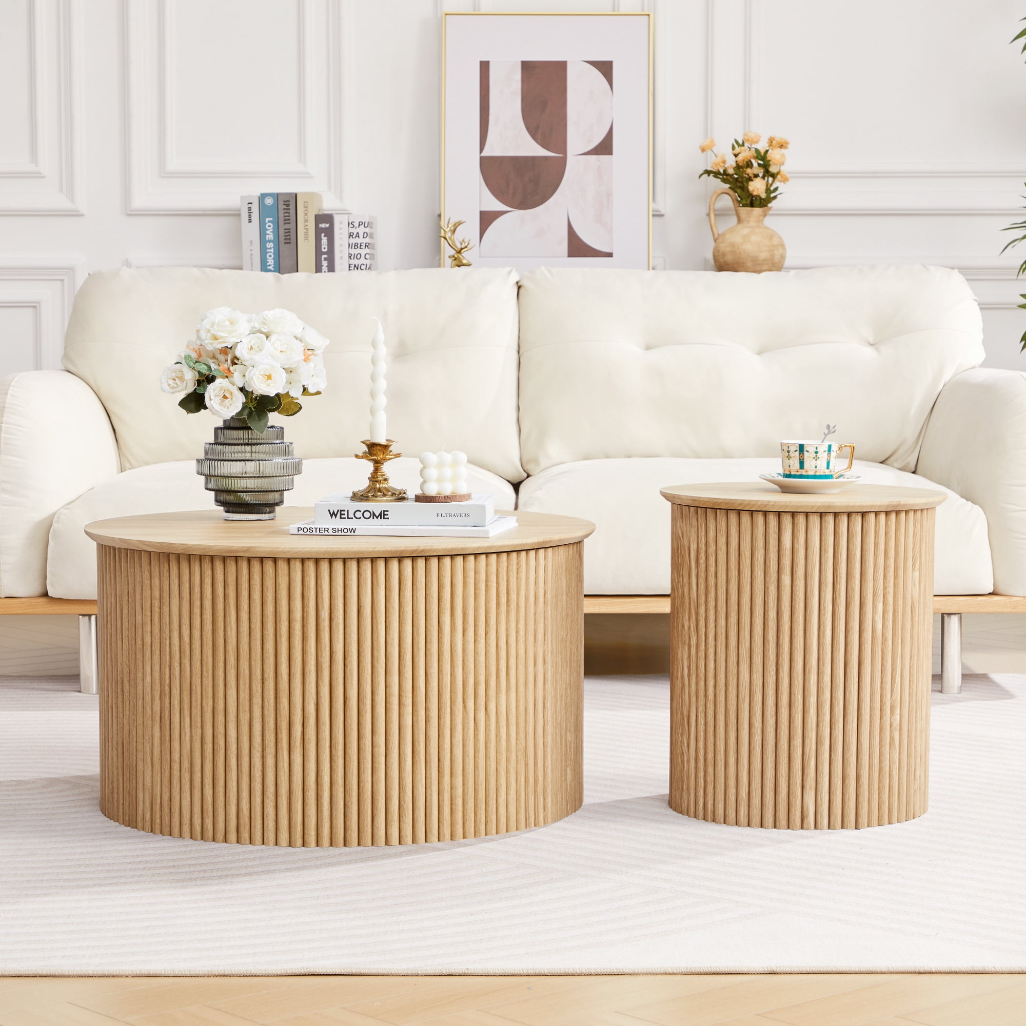 Wirrytor Round Coffee Table Sets 2 Pieces, Wood Fluted Coffee Table with Storage, for Living Room Bedroom, Apartment(Nature)