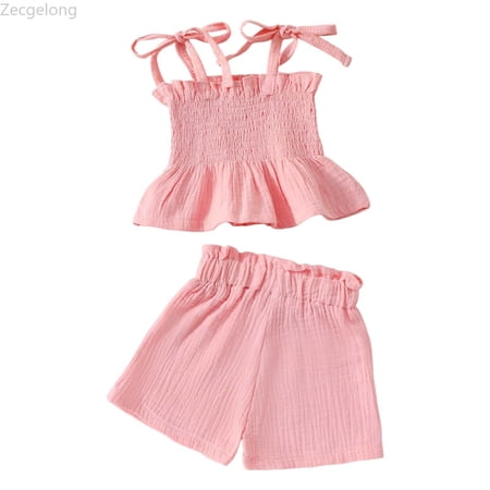 Zecgelong Girls Outfits Set Casual Summer Outfits For Toddler Girls Floral Lace Tie Shoulder Top With Solid Straight Pants Party Photo Outfit Toddler Girl Outfit Set for Girls 12-18 Months