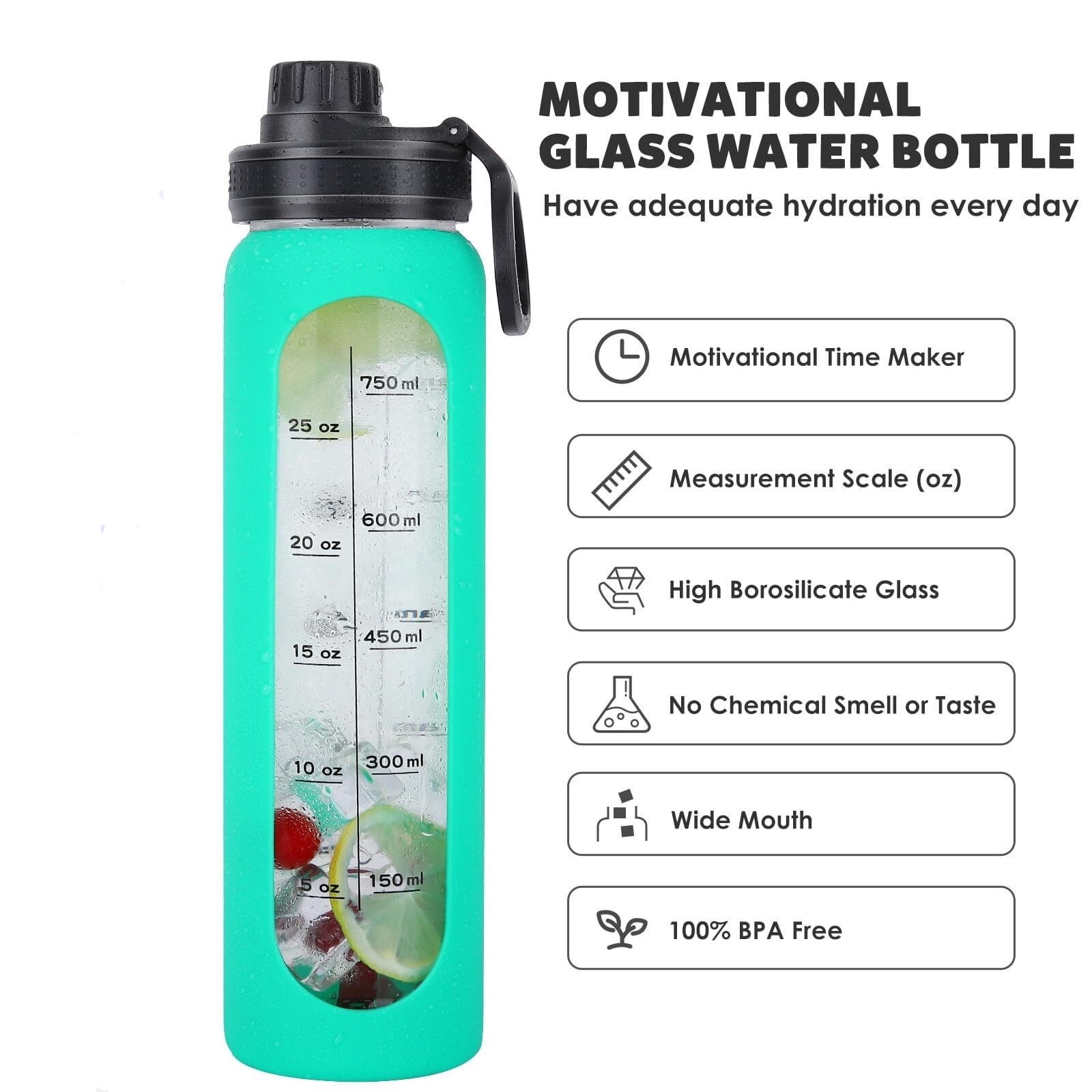 Glass Water Bottles 32oz with Silicone Sleeve Drinking Hydration Bottles Reusable Borosilicate Wide Mouth Motivational Water Flask Canteen with Time Marker Spout Lid and Brush